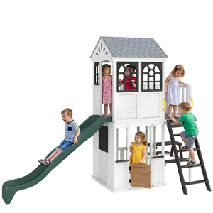 Qaba Two-Story Outdoor Playhouse for Kids, Wooden Kids Playhouse with Slide, Picnic Table & Bench, Play Kitchen, Ladder, Lookout Platform for Age 2+ Backyard Play, White