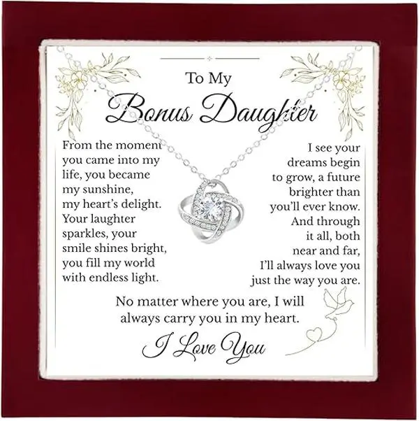 Bonus Daughter Necklace from Stepmom & Stepdad – Sentimental Pendant Jewelry with Heartfelt Message Card and Elegant Gift Box, Perfect Stepdaughter Present for Birthday, Graduation, Christmas, Anniversary, Meaningful Jewelry Keepsake Gift for Her