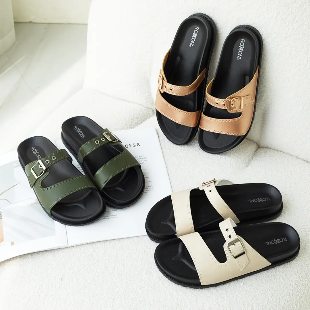Roxoni Women's Open Toe Comfort Flat Sandals with Single Buckle Adjustable Straps for Summer Casual Wear