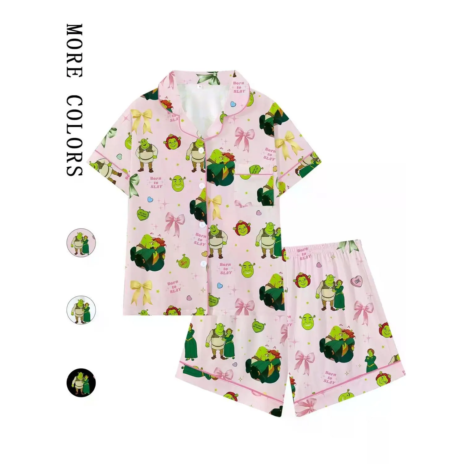 Teen Shrek Movie Cartoon Print Bow Collar Short Sleeve Pajama Set - Comfy All-Season Sleepwear & Loungewear, Perfect for Princess Fiona Fans, Loose Fit