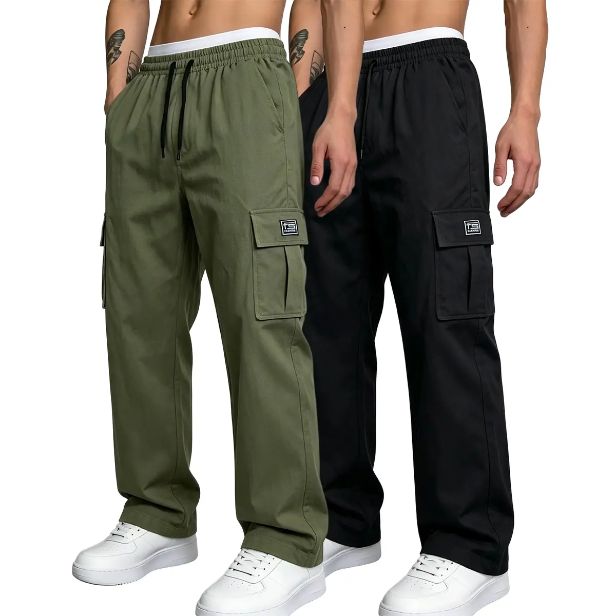 2-pack - men's cargo pants, men's workwear bottoms, simple and classic, plain, easy care, slightly stretchy, timeless classic, men's cargo pants with stylish lettered label, beige cargo pants,