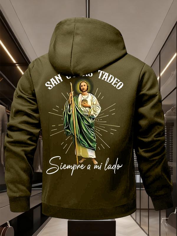 St. Jude Thaddeus Print Fleece Hooded Jacket, Winter Warm Windproof Skin-Friendly Thick Sweatshirt, Long Sleeve Casual H-Type Cartoon Pattern, Heavyweight Fleece Hoodie