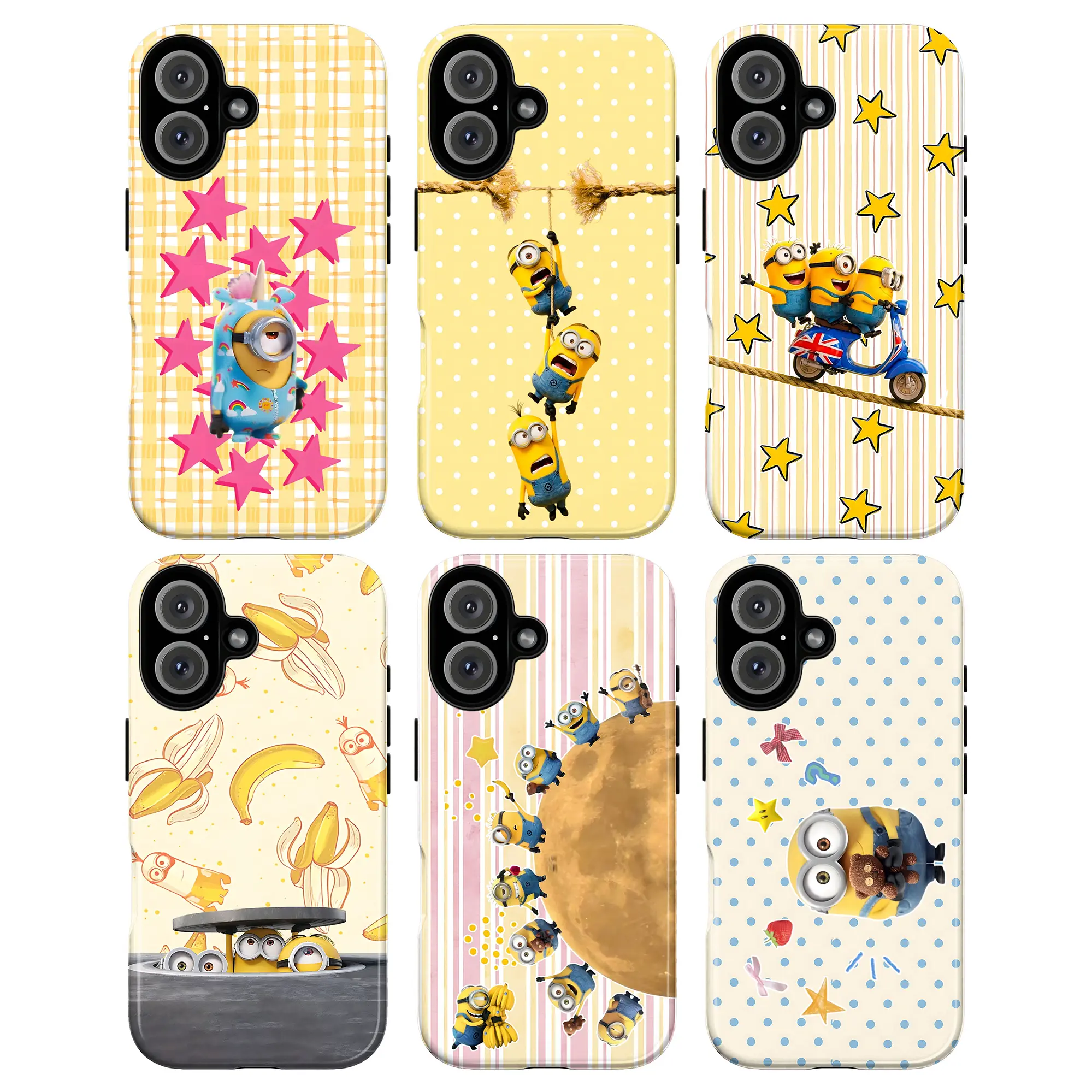 Minion Fun Phone Case, Playful Cute Minions Hanging Climbing and Peeking under Stars in Pastel and Dark Tones, Baby Girl Aesthetic Gift Fashion Vibes Trending Now For iPhone 17 16 15 14 13 12 Pro Max Plus X, Samsung S25 S24 S23 S22 S21 Ultra