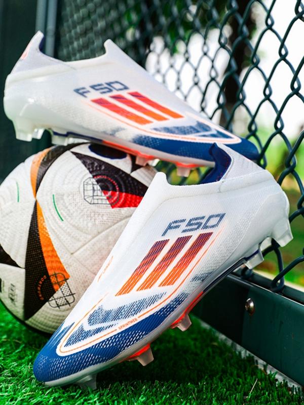 Unisex White-Blue-Orange Gradient Laceless Firm Ground Soccer Shoes: Competitive Pro Style, Knit Breathable Upper, Anti-Twist Midsole, Transparent Stud Grip. Ideal for official matches/professional training.