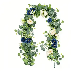 70 Inch 2 Pcs Set, Eucalyptus Blue White Rose with Gypsophila Garland, Plastic Artificial Flower & Greenery, Home Decor, Wedding Engagement Table Ornament, Party Indoor Wall Festival Decoration