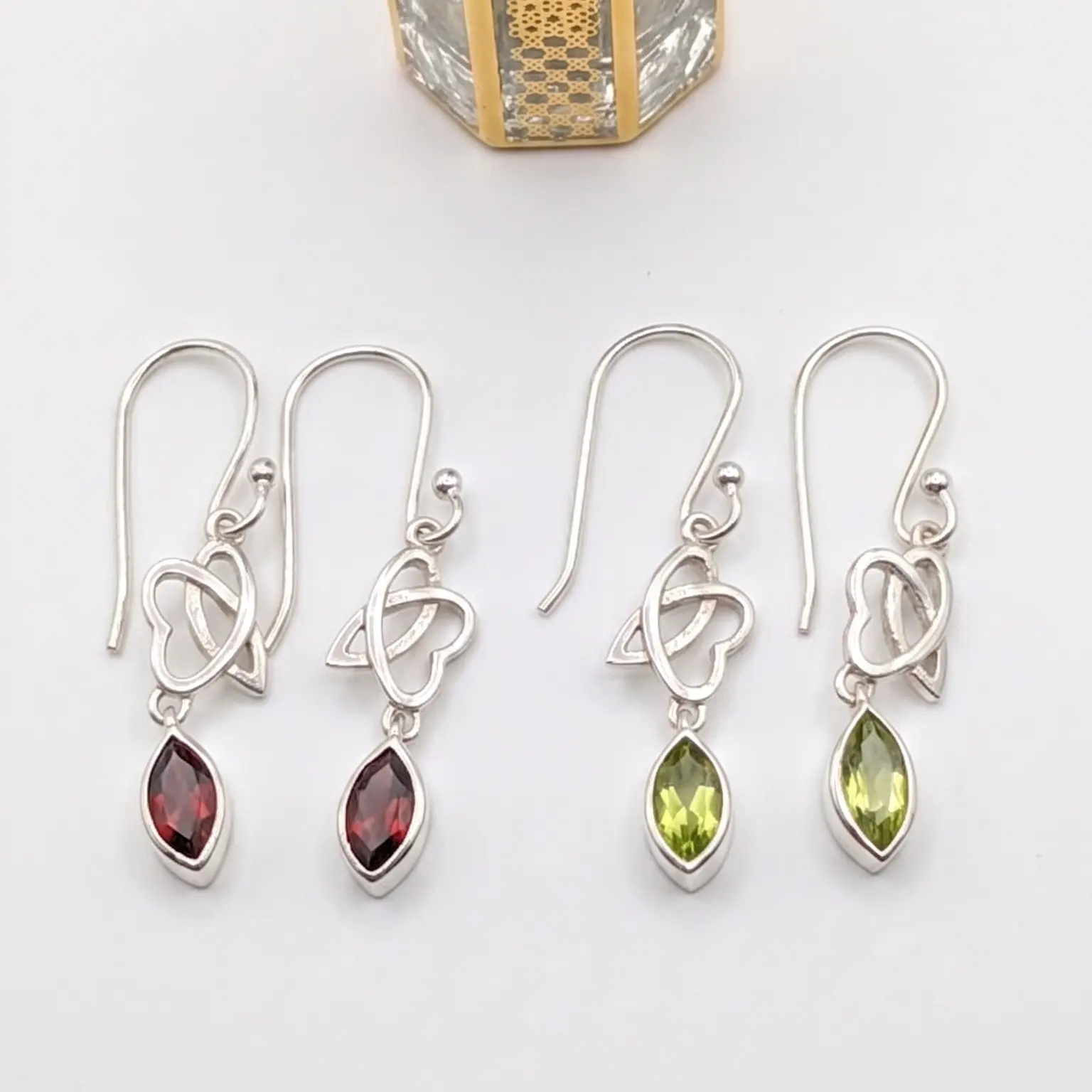 Sterling Silver Earrings with Peridot and Garnet Stones