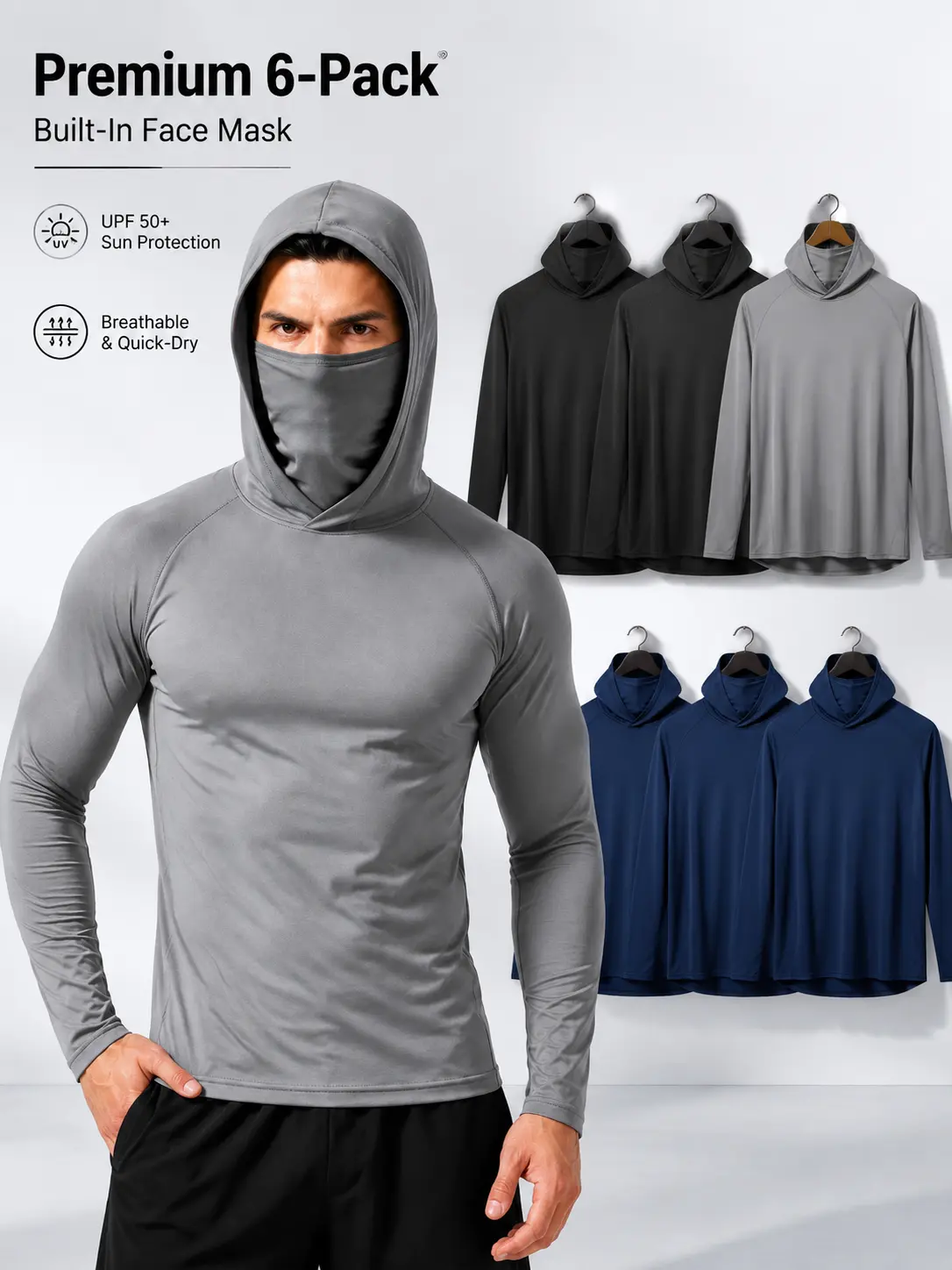 3/6 Pack Unisex Hooded Compression Shirts with Face Cover, Quick Dry Lightweight Long Sleeve Athletic Tops, Breathable Outdoor Sports Wear for Men & Women, Fishing, Hiking, Camping & Work | Camisetas Deportivas con Capucha