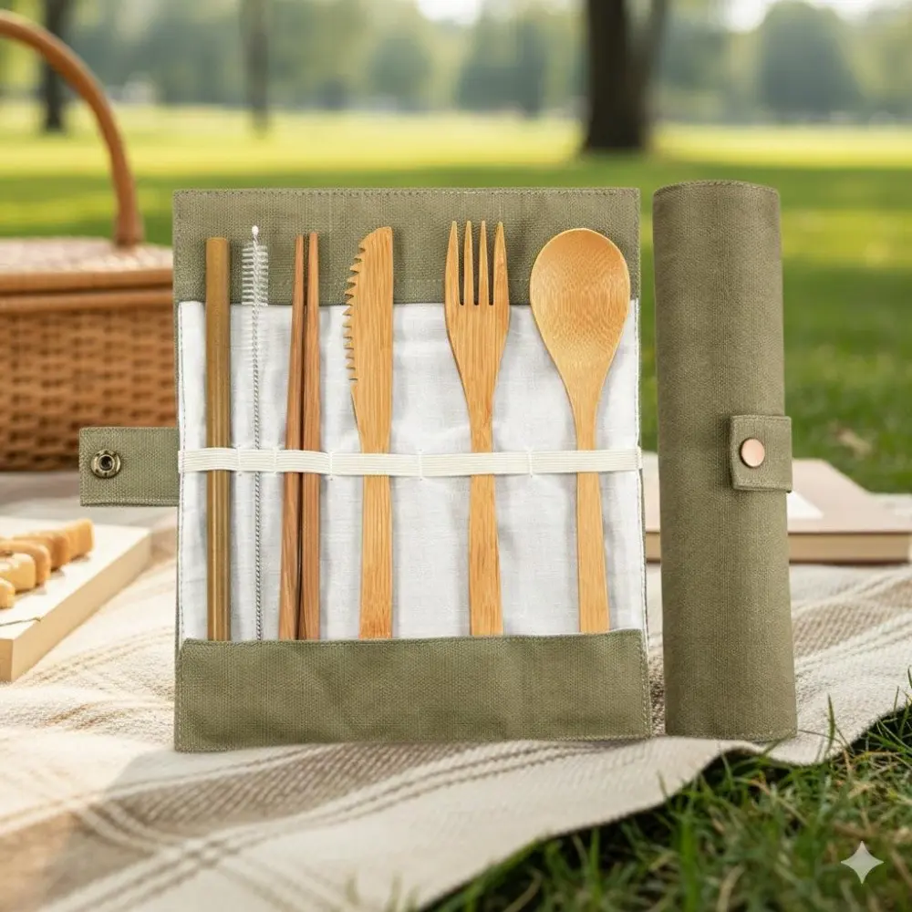 Eco-Friendly Bamboo Travel Utensil Set | 4-Piece Reusable Outdoor Cutlery Kit | Includes Food-Grade Camping & Picnic Essentials, Outdoor Camping Supplies with Bamboo Charcoal Brush | Durable, Portable, Mold-Resistant Dining Gear for Adventures