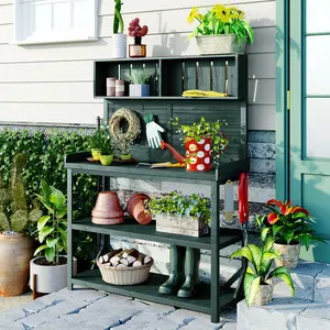 65" Large Wooden Farmhouse Rustic Outdoor Potting Bench Table, Patio Workstation, Garden Potting Bench with 4 Storage Shelves and Side Hook, Forest Green