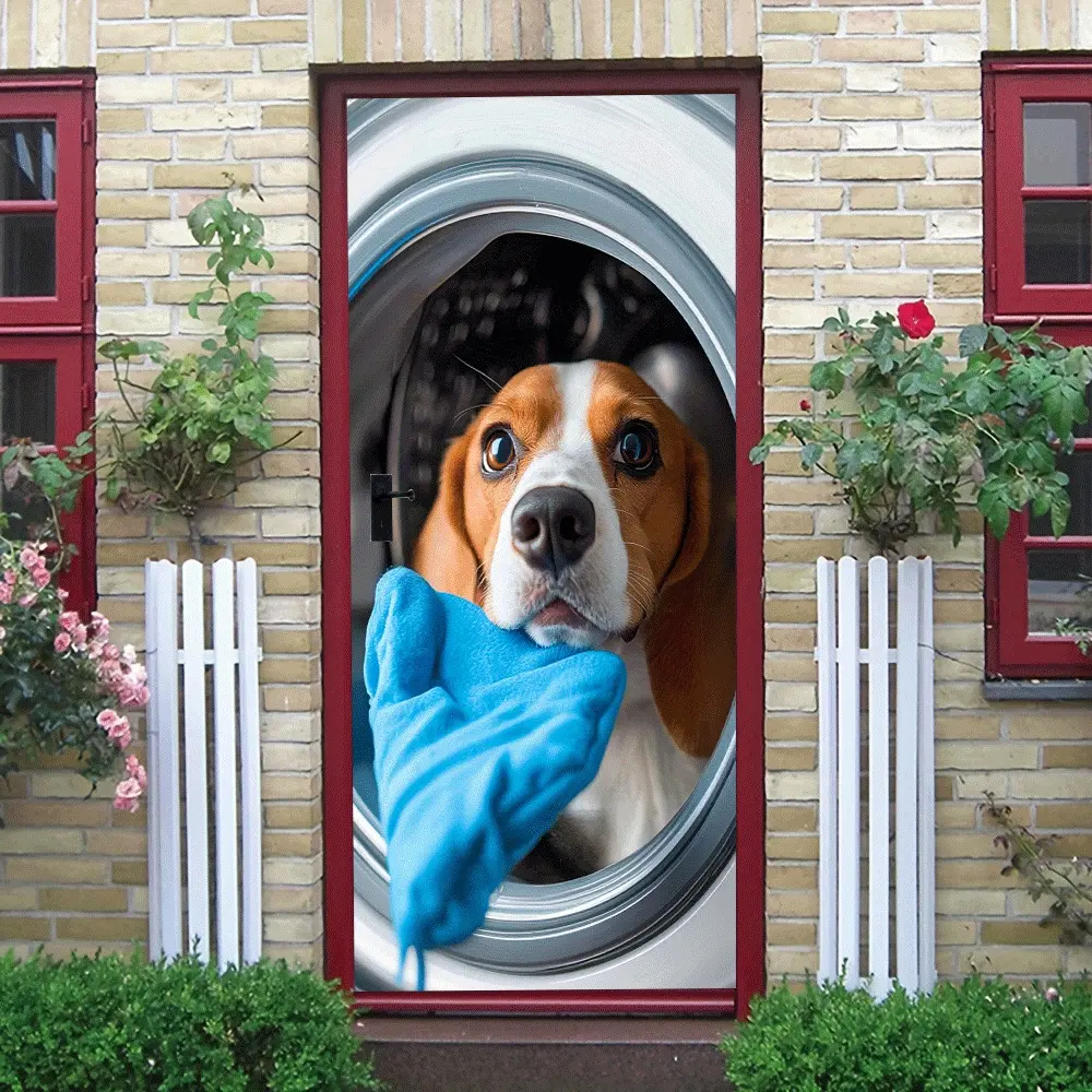 2 Cute Pet Dog Washing Machine Door Sticker Creative Cartoon Bathroom Kitchen Decorative Wall Sticker Waterproof Self Adhesive Removable Refrigerator Tile Decal Home Funny Decoration for Pet Lovers Gift
