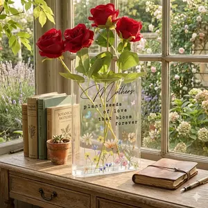 Mother’s Day Acrylic Book Vase – “Seeds of Love” Floral Decor Gift for Mom, Flower Vase