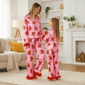 Mommy and Me Valentines Pajamas Set 2 Piece Satin Silk Feather Trim Bear Heart Pjs for Mom Daughter Women Girl
