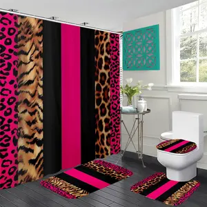 4 Piece Black Pink Striped Pink Leopard Print Shower Curtain Bathroom Non-Slip Mat Toilet U-Shaped Mat Toilet Seat Cover Holiday Decorations Bathroom Accessories with Hooks Home Room Bathroom Decoration