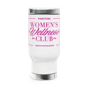 Pink Stork Women’s Wellness Club travel mug | 14oz stainless steel handle tumbler | White with Retro Pink Logo