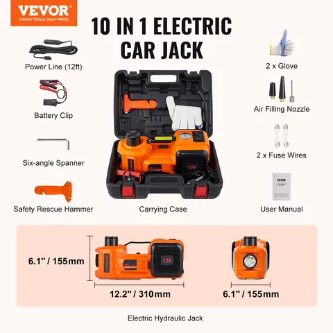 【toolupgrade】VEVOR 5 T Hydraulic Electric Car Jack, 11023 LBS Capacity, Portable with Built-in Inflatable Kit, LED Light, Pressure Relief Valve, Hydraulic Seal & Car Battery Compatibility for SUV Sedan Tire Changes Garage Repair