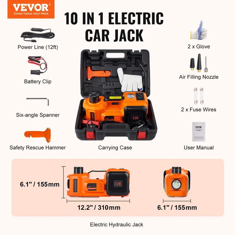 【toolupgrade】VEVOR 5 T Hydraulic Electric Car Jack, 11023 LBS Capacity, Portable with Built-in Inflatable Kit, LED Light, Pressure Relief Valve, Hydraulic Seal & Car Battery Compatibility for SUV Sedan Tire Changes Garage Repair