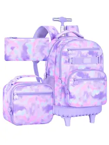 3Pcs Rolling Backpack for Girls Women, Travel Roller Backpacks with Wheels for Adults, Teens College Tie-Dye Wheeled Bookbag with Lunch Box(Purple)