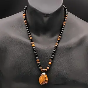 BloomWish S 1 Piece Fashionable Retro Natural Tiger's Eye Geometric Pendant Adjustable Beaded Necklace Men's and Women's Daily Wear Jewelry Gifts