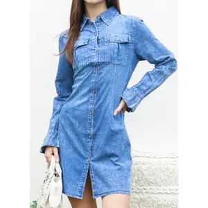 Women Denim Button Down Shirt Dress, Flared sleeves By Ann Kaci