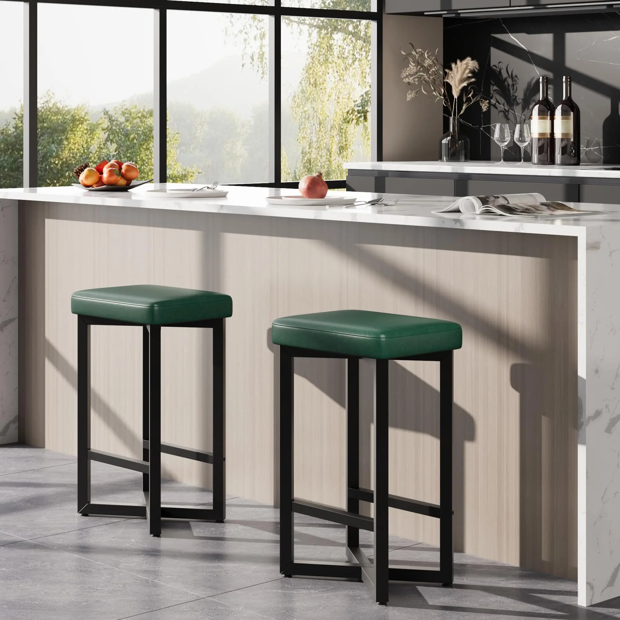 Set of 4 Modern Counter Height Bar Stools, 24.6 inch Backless Luxe PU Leather Upholstered Seat, Sturdy Metal X-Frame with Footrest, Stylish Bar Stools for Kitchen Island, Dining Room & Home Bar