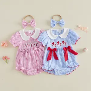 Imcute Newborn Baby Girl Plaid Romper Baseball Embroidery Doll Collar Short Sleeve Infant Onesie Bodysuits Jumpsuits with Headband