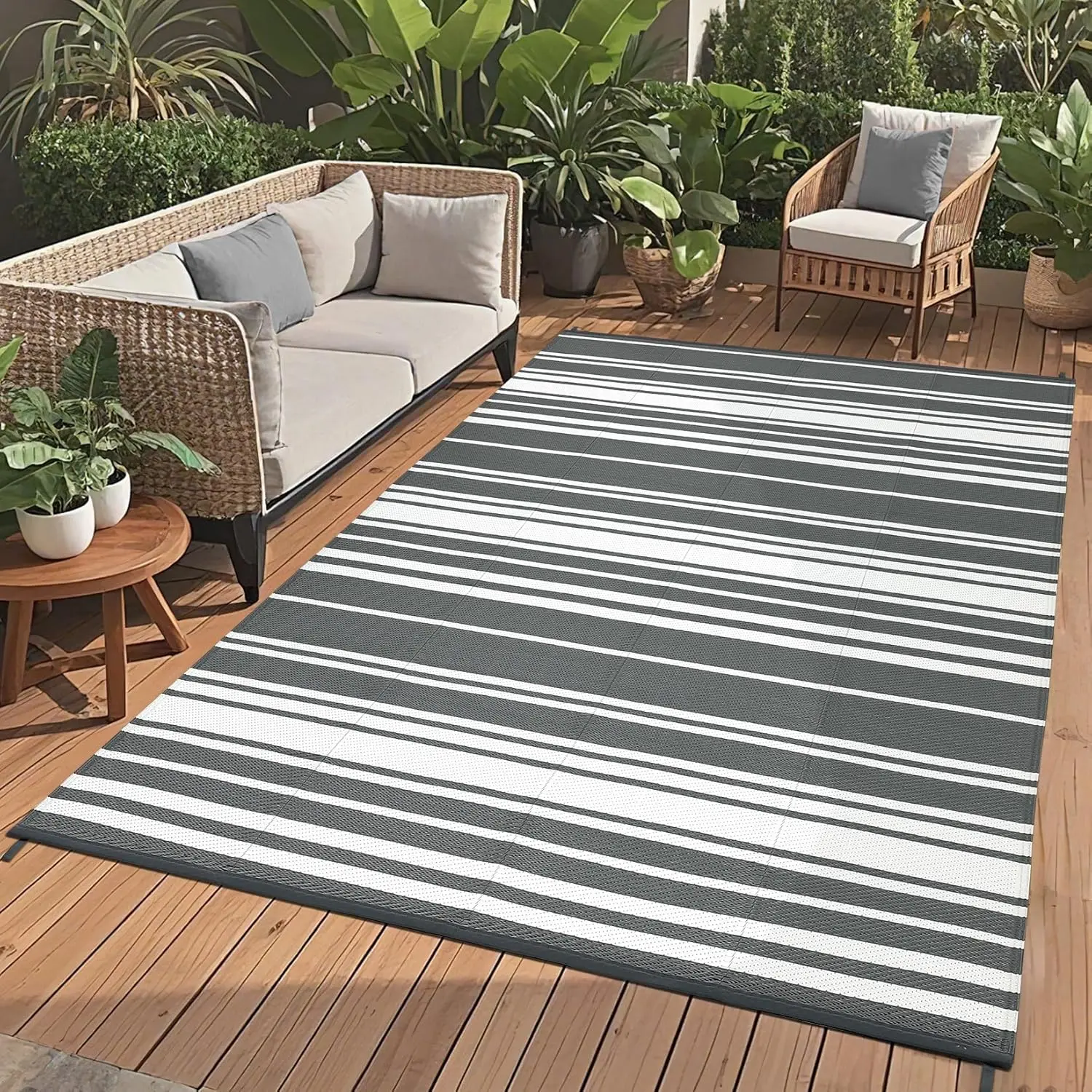 Outdoor Patio Rug for Camping,Waterproof Foldable Plastic Straw Mat, Modern Striped Picnic Mat, UV Resistant, Large Outdoor Carpet for Patio RV Picnic Balcony Deck