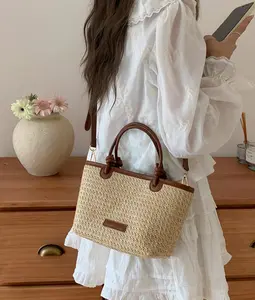 Women's Straw Beach Bag Mini Woven Crossbody Bag Adjustable Strap Summer Vacation Basket Bag Lightweight Rope Knot Handbag Boho Beach Purse Travel Tote