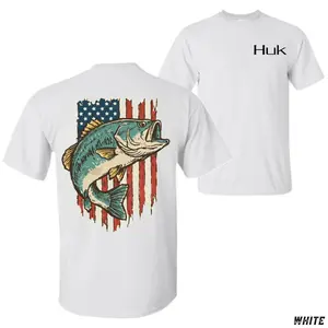 Huk Bass Fishing T-Shirt – Largemouth Bass American Flag Graphic Tee, Patriotic USA Angler Apparel, Vintage Fisherman Shirt, Outdoor Fishing Top for Men and Women
