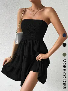 Women's Solid Shirred Ruffle Hem Tube Dress, Fashion Casual Sleeveless Strapless A Line Dress for Daily Outdoor Wear, Women Dress for Summer, Summer Dresses, Womenswear, Lady Formal Elegant Dress