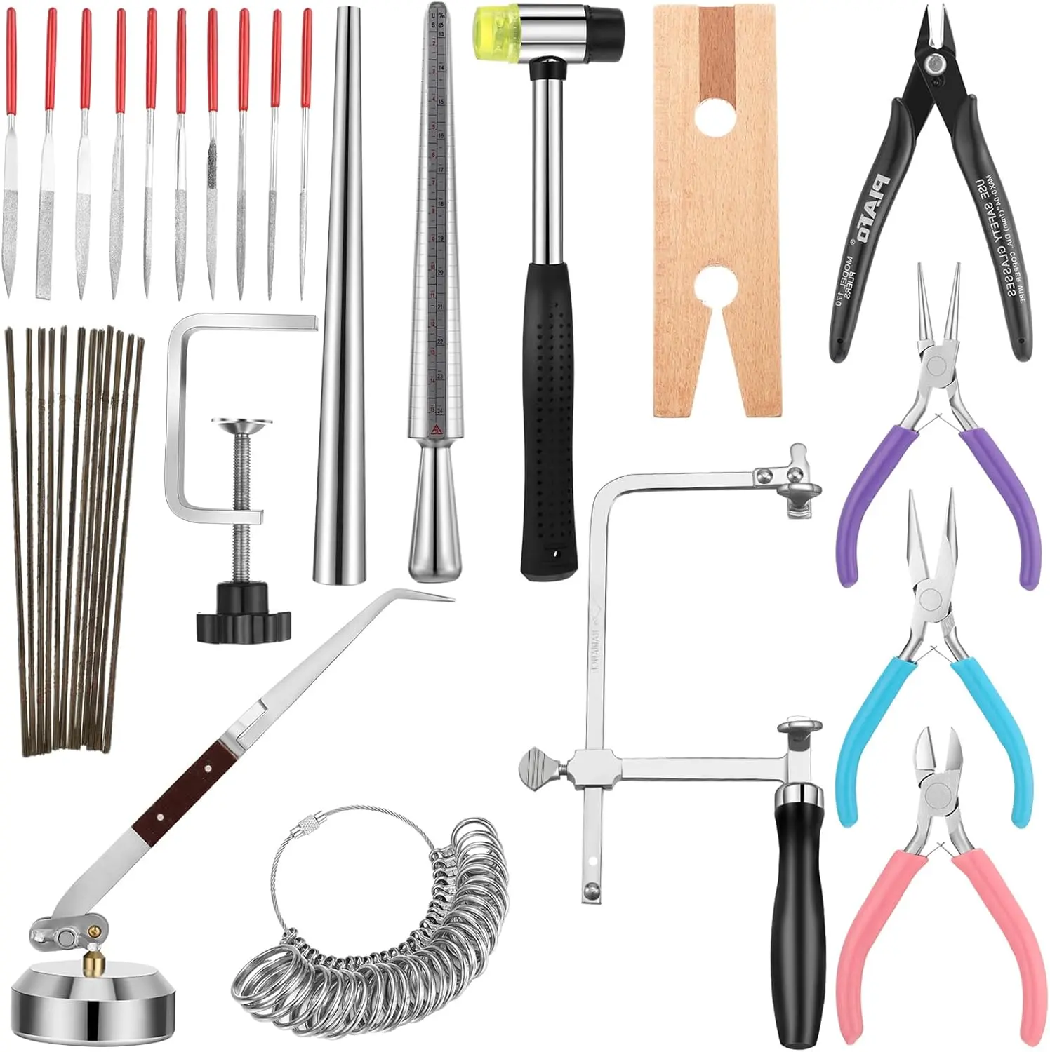 Jewelers Tools Set Including Jeweler's Saw Frame 144 Blades Third Hand Tweezers Wooden Pin Clamp Multipurpose Needle File Wooden Ring Clamp Ring Sizer Mandrel Measuring Tool Mallet Hammer