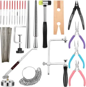 Jewelers Tools Set Including Jeweler's Saw Frame 144 Blades Third Hand Tweezers Wooden Pin Clamp Multipurpose Needle File Wooden Ring Clamp Ring Sizer Mandrel Measuring Tool Mallet Hammer