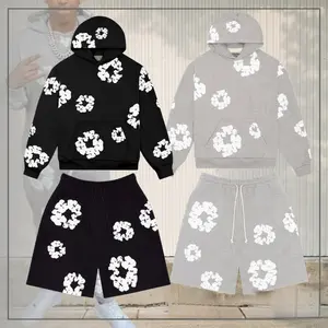 New Y2K Stretchy Wide-Leg Shorts Hoodie Set,American Street Hip-Hop Style,Floral Print,Kapok Foam Design,Unisex Joggers,Athletic Shorts Tracksuit Set,Casual Daily Wear