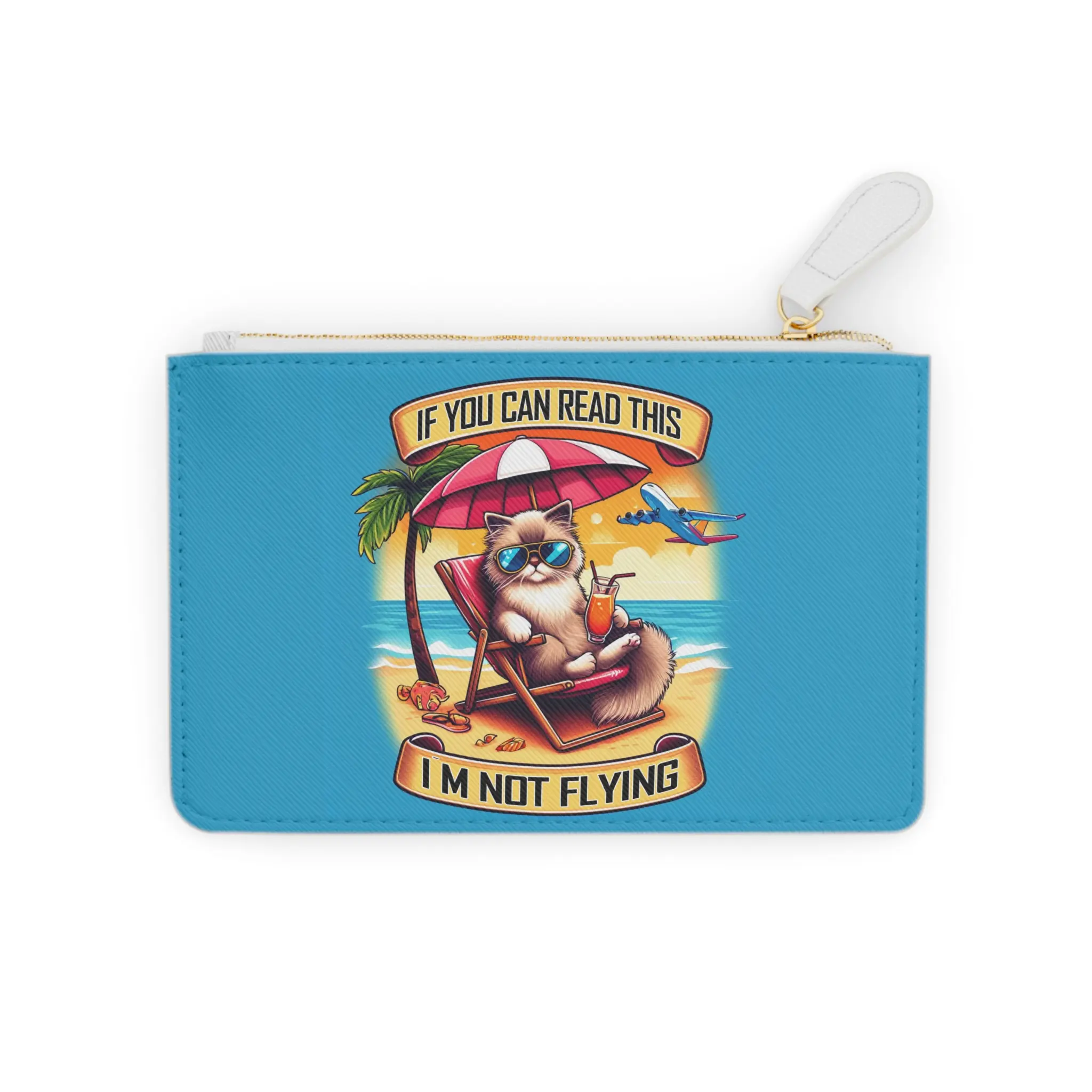 Women's Chic Vegan Leather Mini Clutch Bag, Saffiano Pouch with Playful Ragdoll Kitten Graphic & 'I'm Not Flying' Funny Quote