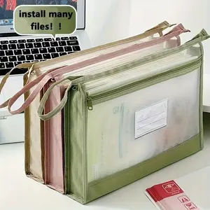4pcs Large Capacity A4 Clear Mesh File Organizer Folders, File Storage Folder, Double Zippers, Multi-Layer Compartments, Full Zipper Closure, Hanging Handle, Student Homework Bag