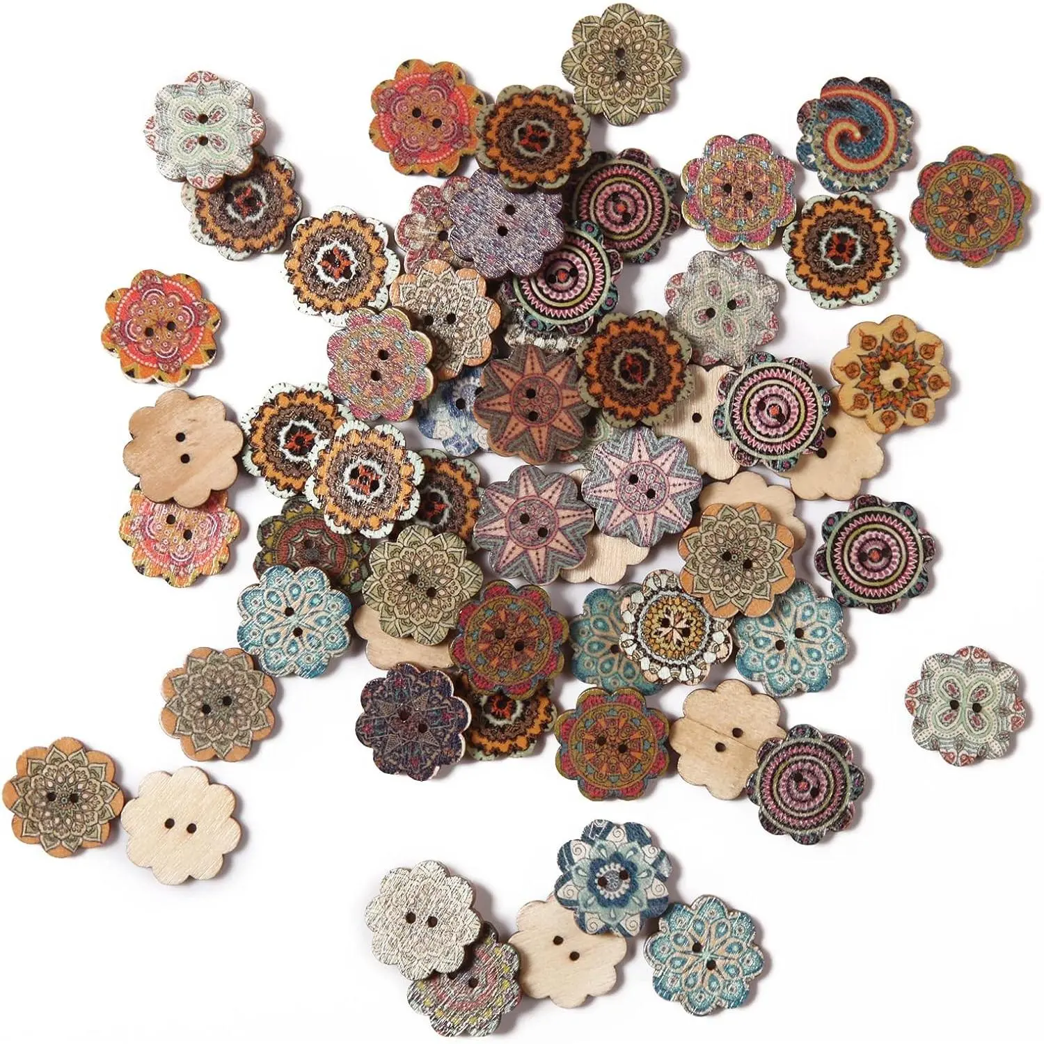 100 count Mixed Pattern Vintage 3/4inch Wooden Buttons 2 Holes DIY Craft Sewing Random Flower Painting Buttons Hand-Made DIY Sewing Process Decorative Wooden Buttons Clothes Accessories 20mm  buttons
