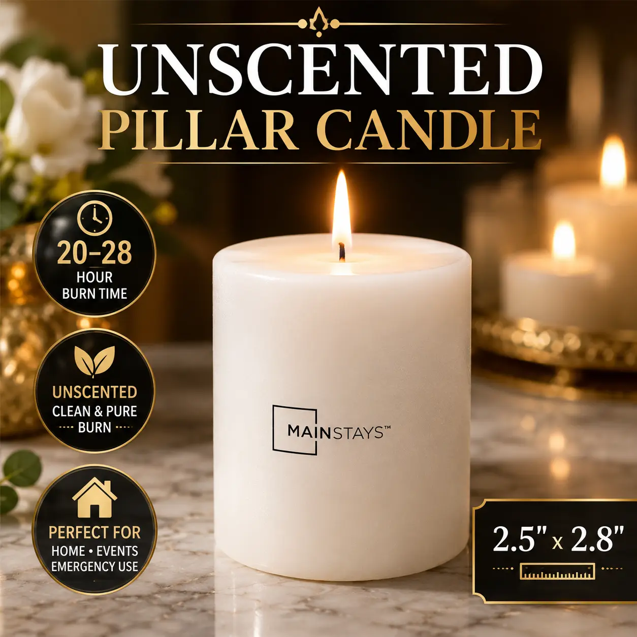 Mainstays Unscented Pillar Candle, 2.5 x 2.8 Inches, White