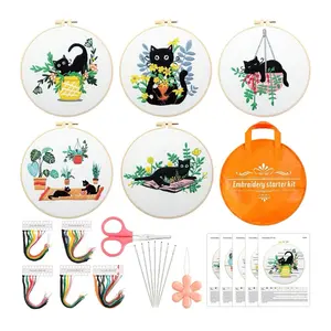 5 Sets Embroidery Starter Kit with Black Cat Patterns and Instructions, DIY Adult Beginner Cross Stitch Embroidery Kits, Including 2 Plastic Embroidery Rings, 1 Scissor, Colored Threads Needles