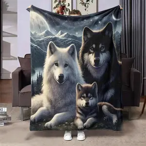 Moonlit Wolf Pack Flannel Blanket – Soft Cozy Large Lightweight Throw for All Seasons, Bed, Sofa, Office, Camping, Travel, Perfect Gift for Wolf Lovers