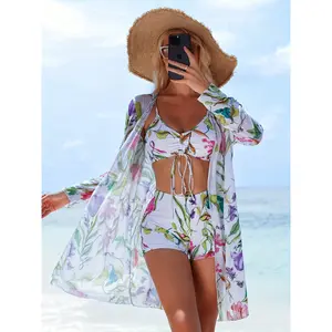 Women's Bikini Three-Piece Swimsuit with Boxer Shorts, New Split Cover-Up, Bowknot Fashion Beachwear