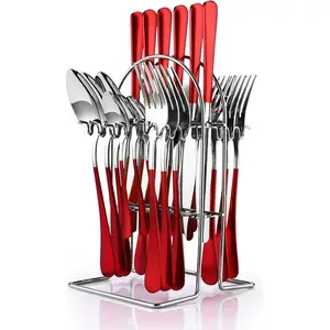 24 count Flatware Set,  Stainless Steel Flatware Set with Silverware Holder Spoons Forks ,Utensils Set Service for 6, Mirror Polished and Matte  Painted (Red )