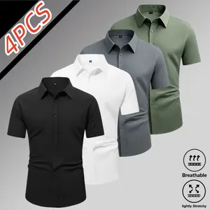 4-Pack Men’s Ice Silk High Stretch Short Sleeve Shirts, Summer Breathable Skin-Friendly Drapey Fabric, Turn-Down Collar Single-Breasted Design, Slim Fit Business Commuter Casual Versatile No-Iron Shirts