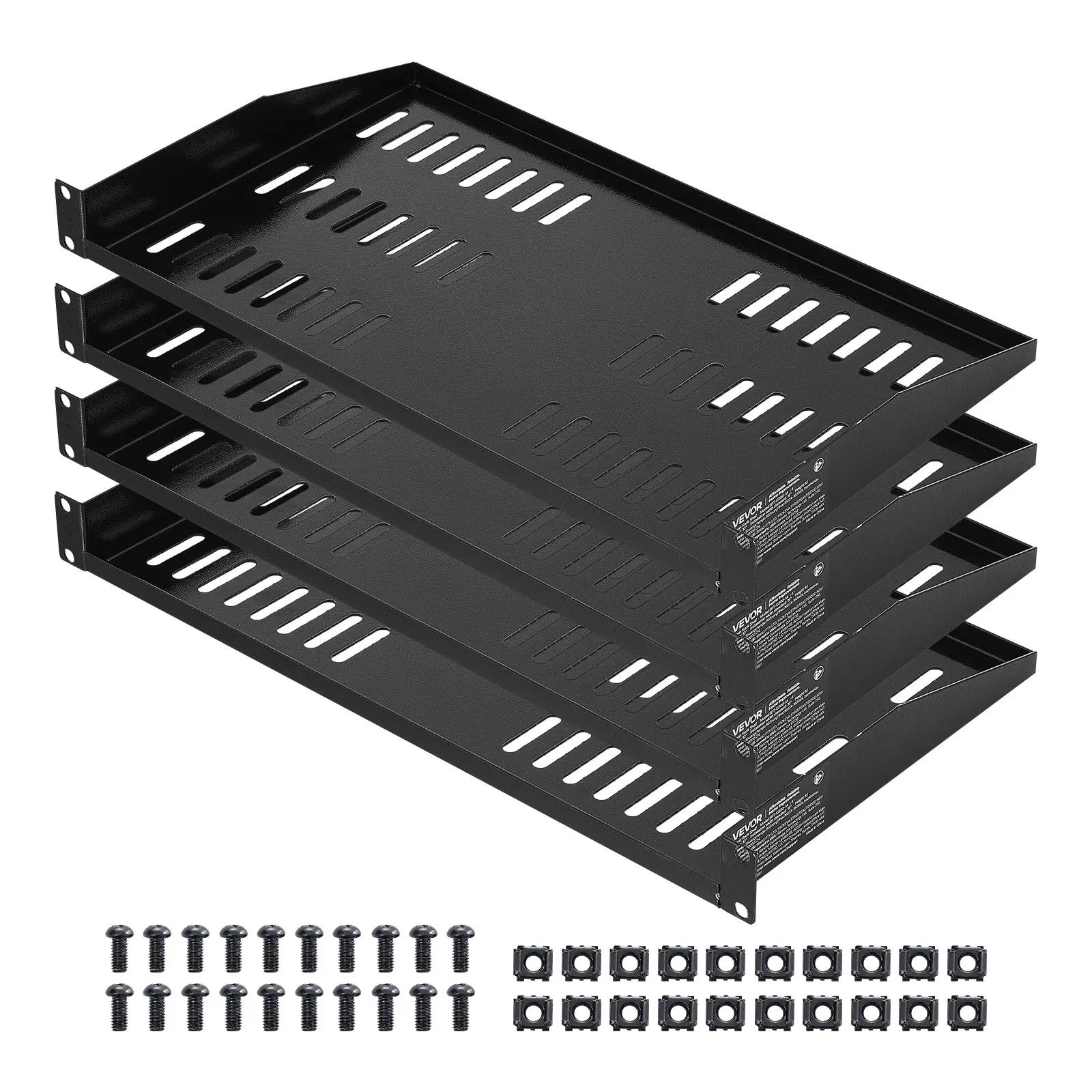 VEVOR 1U Sturdy Carbon Steel Cantilever Shelves (4 PCS) with Default Hardware, 50 lbs Max Load, 10 in Depth Vented Tray, Wall Mount/Server Rack Fit for 19 Inch Computer Network Cabinet Equipment, Shelf, Metal, 19" Width