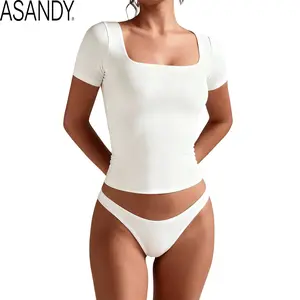 ASANDY Women's Square Neck Short Sleeve T-Shirt - 4-Way Stretch Double Layer Fabric, Slim Fit, Comfortable Fashion Lady Basic Top for Daily Layering, Workout