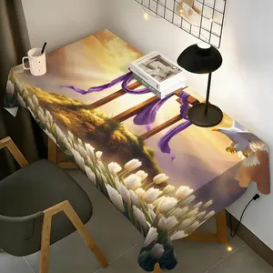 1PC Easter Peach Skin Tablecloth with Pattern of Three Crosses Draped in Purple Cloth, Flying White Eagle and Tulip Field, Large Size Multi-occasion Tablecloth, Can be Used for Festival Celebration, Restaurant Decoration, Holiday Dinner, Dining Table, Bar