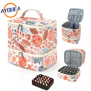 Double Layer Nail Polish Organizer Case with UV Lamp Storage Adjustable Dividers Valentine's Day Gift Water-Resistant Quilted Nylon Makeup Bag Portable Manicure Tool Box Large Travel Cosmetic Carrier for Jewelry & Accessories Girlfriend Present Minimalist