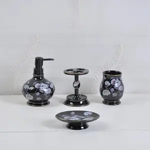 Four Piece Black Floral Ceramic Bathroom Accessory Set with Elegant Design and Durable Material