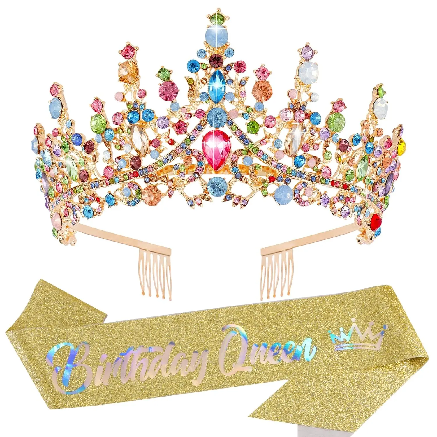Female Shiny Glamorous Colourful Crystal Rhinestone Tiara Crown with Combs, Women’s Birthday Queen Headband Sash, Elegant Princess Hair Accessory, Mom Birthday Gift, Party Decorations, Flowers, Rhinestones, Lightweight, Anniversary, Happy Birthday