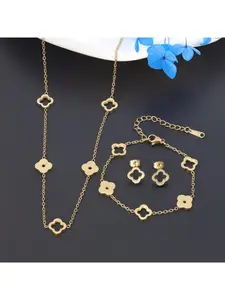 Gold Tone Clover Jewelry Set for Women, 3Pcs Open & Solid Clover Necklace Bracelet Earrings Set, Minimalist Everyday Jewelry