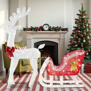 Christmas Reindeer with Sled – Outdoor Holiday Decoration with 180 Warm LED Lights, Deer Pulling Carts, Weather-Resistant Metal Frame for Yard Garden Porch Indoor Display