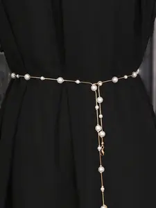 1 Piece Elegant Style Faux Pearl Decorated Belt, Adjustable Faux Pearl Decor Waist Chain For Women's Dress Decoration, Exquisite Beaded Belt